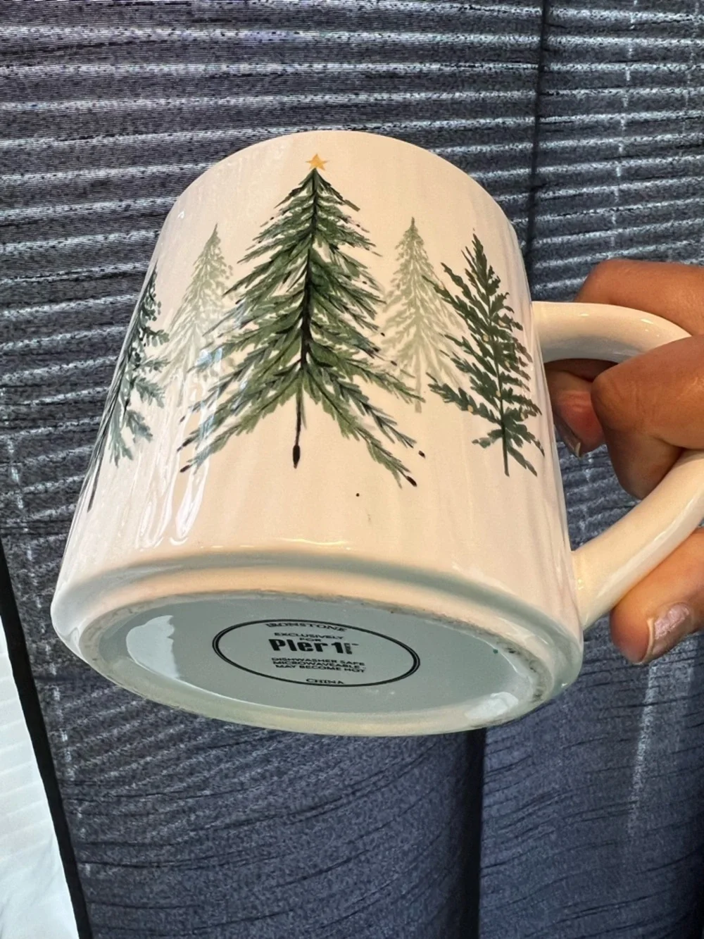 Pier 1 White Ceramic Mug with Green Christmas Tree Design